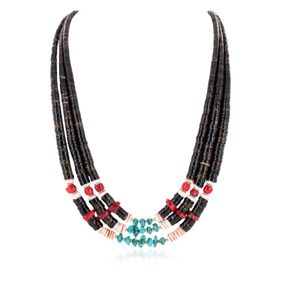 Certified Authentic 3 Strand Navajo .925 Sterling Silver Natural Turquoise Heishi Coral Native American Necklace 16085