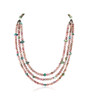 Certified Authentic 3 Strand Navajo .925 Sterling Silver Natural Turquoise Pink Agate Native American Necklace 25246-3
