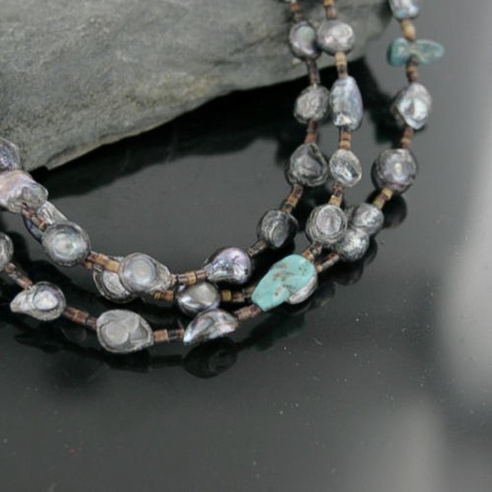 Certified Authentic 3 Strand Navajo .925 Sterling Silver Turquoise and Abalone Native American Necklace 24170-14