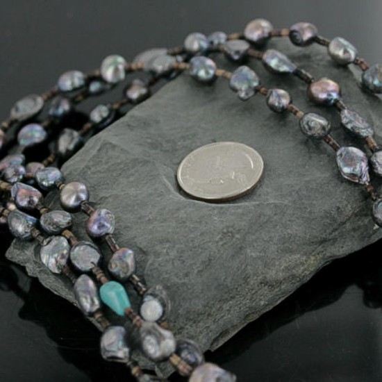Certified Authentic 3 Strand Navajo .925 Sterling Silver Turquoise and Abalone Native American Necklace 24170-14
