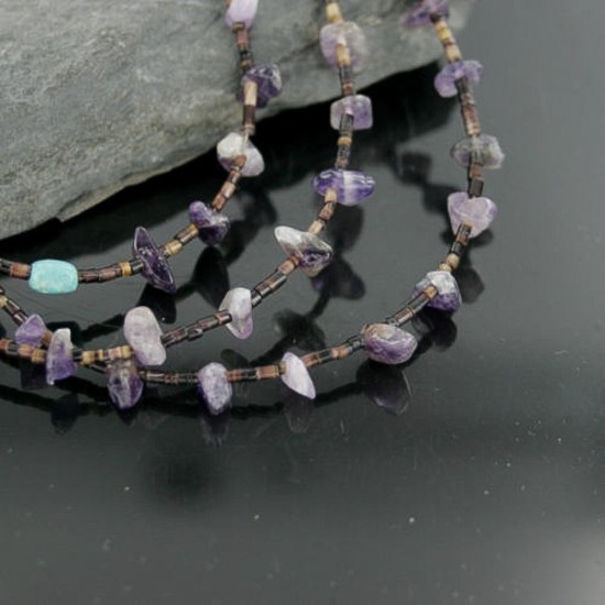 Certified Authentic 3 Strand Navajo .925 Sterling Silver Turquoise and Amethyst Native American Necklace 1530-34 Certified Authentic 3 Strand Navajo .925 Sterling Silver Turquoise and Amethyst Native American Necklace 1530-34