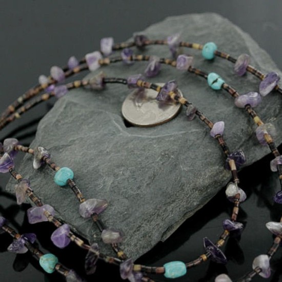 Certified Authentic 3 Strand Navajo .925 Sterling Silver Turquoise and Amethyst Native American Necklace 1530-34 Certified Authentic 3 Strand Navajo .925 Sterling Silver Turquoise and Amethyst Native American Necklace 1530-34