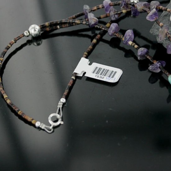 Certified Authentic 3 Strand Navajo .925 Sterling Silver Turquoise and Amethyst Native American Necklace 1530-34 Certified Authentic 3 Strand Navajo .925 Sterling Silver Turquoise and Amethyst Native American Necklace 1530-34