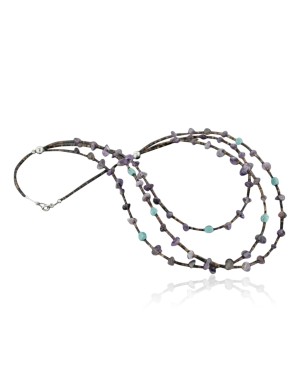 Certified Authentic 3 Strand Navajo .925 Sterling Silver Turquoise and Amethyst Native American Necklace 15585-7