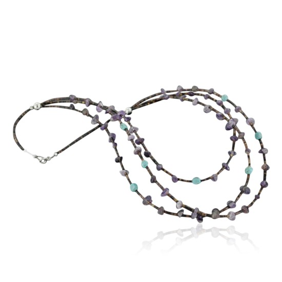 Certified Authentic 3 Strand Navajo .925 Sterling Silver Turquoise and Amethyst Native American Necklace 15585-7 Certified Authentic 3 Strand Navajo .925 Sterling Silver Turquoise and Amethyst Native American Necklace 15585-7