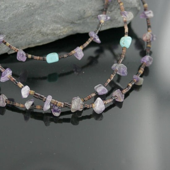 Certified Authentic 3 Strand Navajo .925 Sterling Silver Turquoise and Amethyst Native American Necklace 15585-7 Certified Authentic 3 Strand Navajo .925 Sterling Silver Turquoise and Amethyst Native American Necklace 15585-7