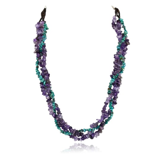Certified Authentic 3 Strand Navajo .925 Sterling Silver Turquoise and AMETHYST Native American Necklace 15959-102