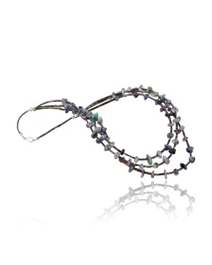 Certified Authentic 3 Strand Navajo .925 Sterling Silver Turquoise and Amethyst Native American Necklace 390729884128