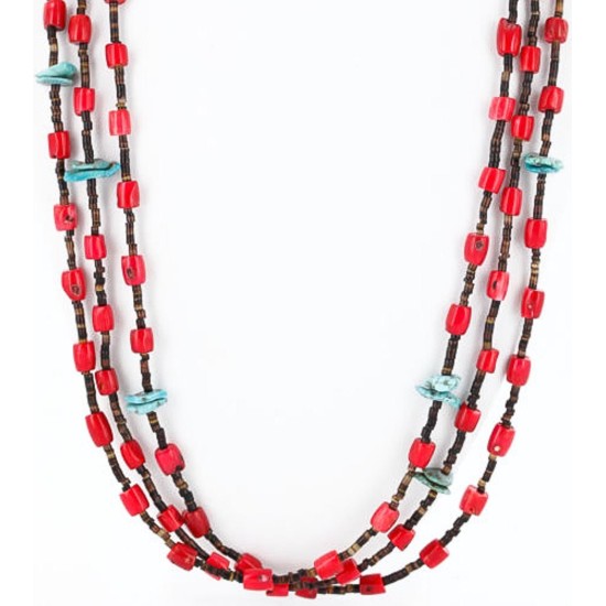 Certified Authentic 3 Strand Navajo .925 Sterling Silver Turquoise and Coral 1251 Native American Necklace 371034878387