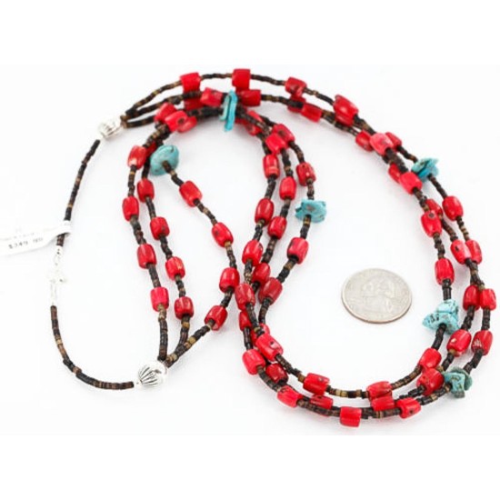 Certified Authentic 3 Strand Navajo .925 Sterling Silver Turquoise and Coral 1251 Native American Necklace 371034878387