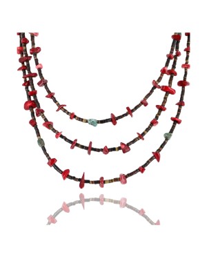 Certified Authentic 3 Strand Navajo .925 Sterling Silver Turquoise and Coral Native American Necklace 15501-1