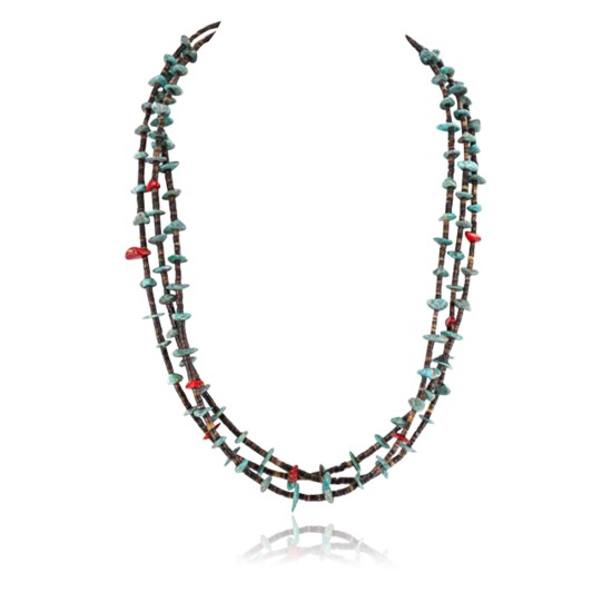 Certified Authentic 3 Strand Navajo .925 Sterling Silver Turquoise and Coral Native American Necklace 15649-22-0