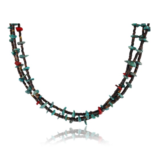 Certified Authentic 3 Strand Navajo .925 Sterling Silver Turquoise and Coral Native American Necklace 15649-22