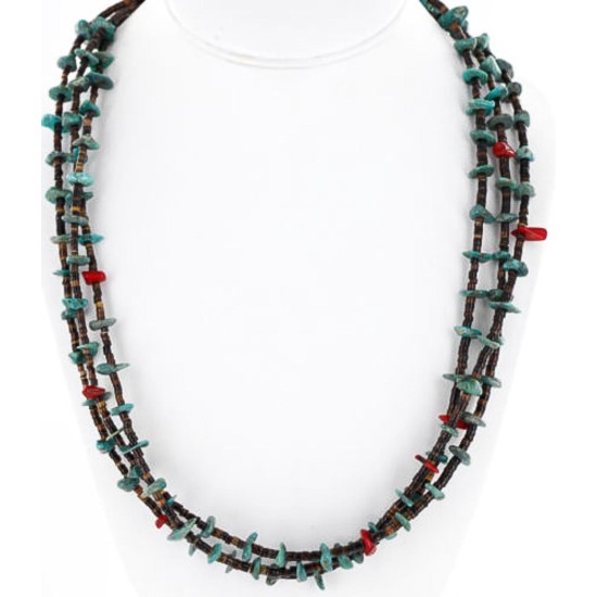 Certified Authentic 3 Strand Navajo .925 Sterling Silver Turquoise and Coral Native American Necklace 15649-22