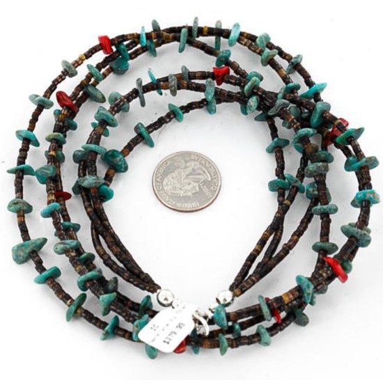 Certified Authentic 3 Strand Navajo .925 Sterling Silver Turquoise and Coral Native American Necklace 15649-22