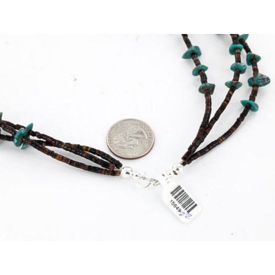 Certified Authentic 3 Strand Navajo .925 Sterling Silver Turquoise and Coral Native American Necklace 15649-22
