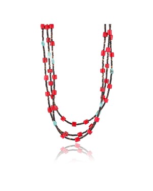 Certified Authentic 3 Strand Navajo .925 Sterling Silver Turquoise and Coral Native American Necklace 18110-3