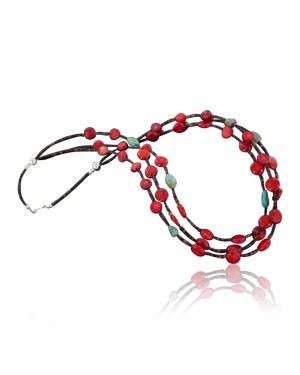 Certified Authentic 3 Strand Navajo .925 Sterling Silver Turquoise and Coral Native American Necklace 370888877941