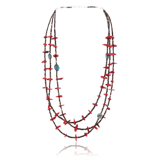 Certified Authentic 3 Strand Navajo .925 Sterling Silver  Turquoise and Coral Native American Necklace 371001322594