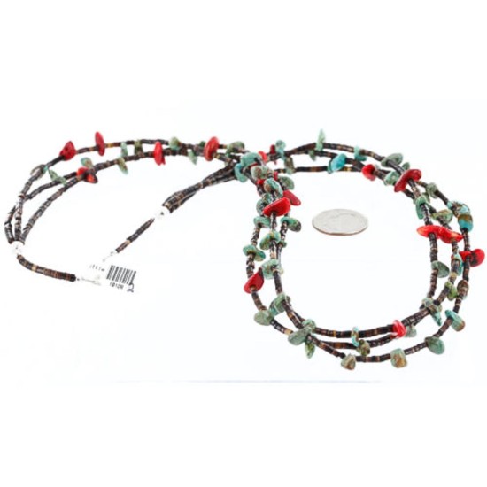 Certified Authentic 3 Strand Navajo .925 Sterling Silver Turquoise and Coral Native American Necklace 371002270545