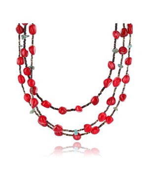 Certified Authentic 3 Strand Navajo .925 Sterling Silver Turquoise and Coral Native American Necklace 371006700165