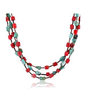 Certified Authentic 3 Strand Navajo .925 Sterling Silver Turquoise and Coral Native American Necklace 371008790139