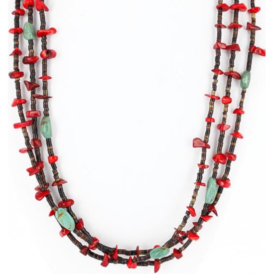 Certified Authentic 3 Strand Navajo .925 Sterling Silver Turquoise and Coral Native American Necklace 371054543024