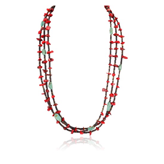 Certified Authentic 3 Strand Navajo .925 Sterling Silver Turquoise and Coral Native American Necklace 371054543024