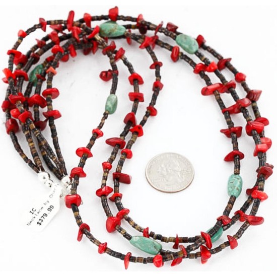 Certified Authentic 3 Strand Navajo .925 Sterling Silver Turquoise and Coral Native American Necklace 371054543024