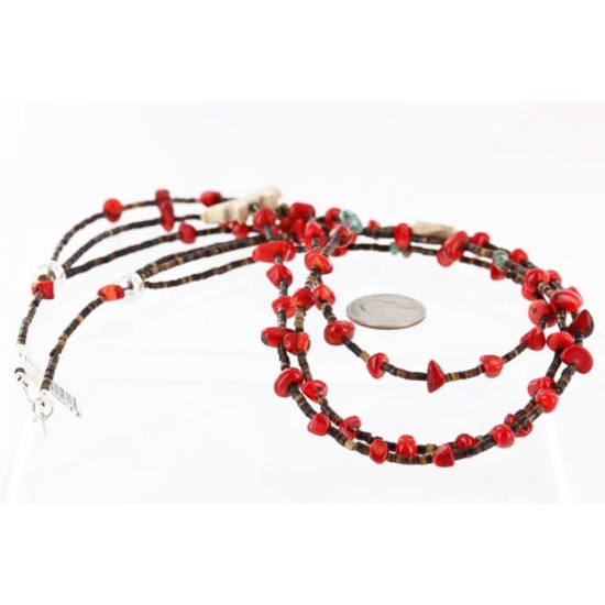 Certified Authentic 3 Strand Navajo .925 Sterling Silver Turquoise and Coral Native American Necklace 390752135111