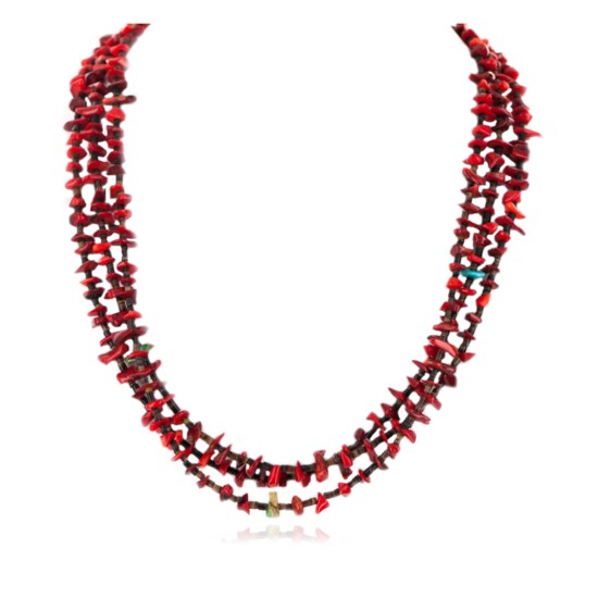 Certified Authentic 3 Strand Navajo .925 Sterling Silver Turquoise and Coral Native American Necklace 750158