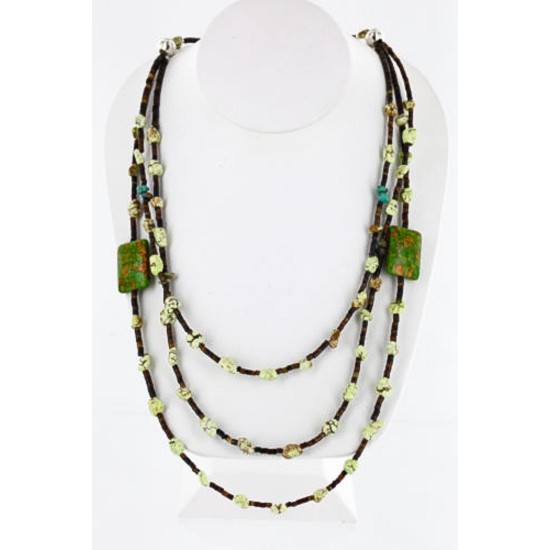 Certified Authentic 3 Strand Navajo .925 Sterling Silver Turquoise and Gaspeite Native American Necklace 15835-15