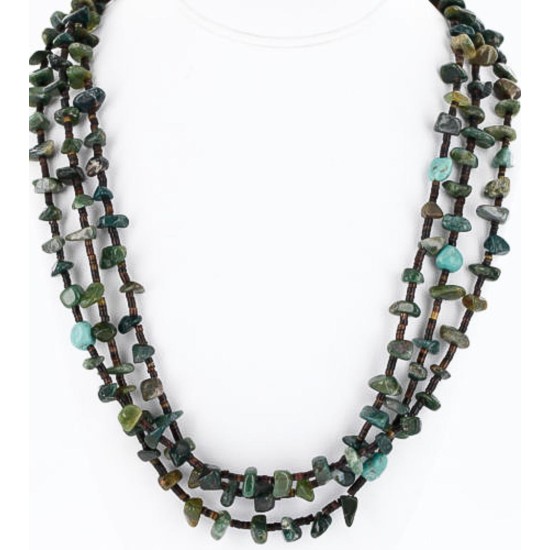 Certified Authentic 3 Strand Navajo .925 Sterling Silver Turquoise and GREEN AGATE Native American Necklace 15856-101