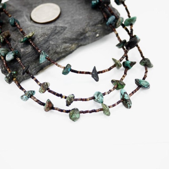 Certified Authentic 3 Strand Navajo .925 Sterling Silver Turquoise and Heishi Native American Necklace 15621-11
