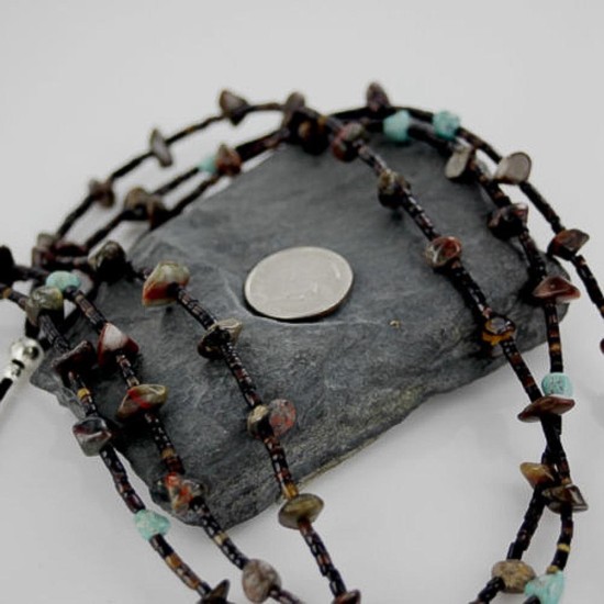 Certified Authentic 3 Strand Navajo .925 Sterling Silver Turquoise and Jasper Native American Necklace 15297-11