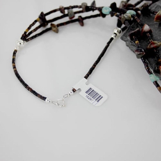 Certified Authentic 3 Strand Navajo .925 Sterling Silver Turquoise and Jasper Native American Necklace 15297-11
