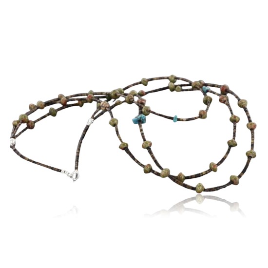 Certified Authentic 3 Strand Navajo .925 Sterling Silver Turquoise and Jasper Native American Necklace 15401-12