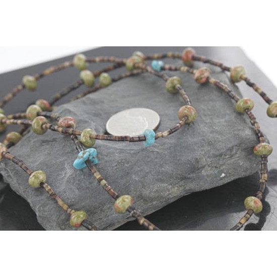 Certified Authentic 3 Strand Navajo .925 Sterling Silver Turquoise and Jasper Native American Necklace 15401-12