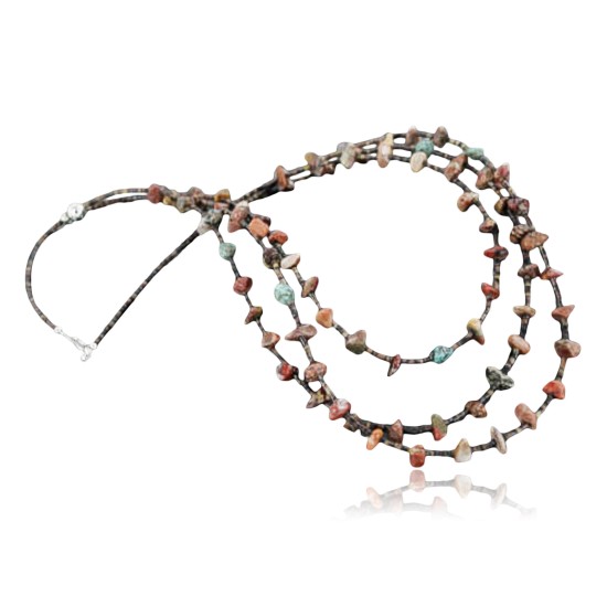 Certified Authentic 3 Strand Navajo .925 Sterling Silver Turquoise and Jasper Native American Necklace 15585-18
