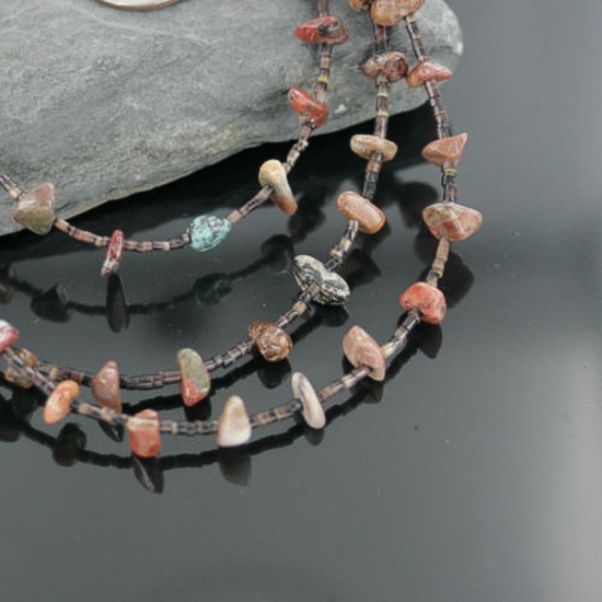 Certified Authentic 3 Strand Navajo .925 Sterling Silver Turquoise and Jasper Native American Necklace 15585-18
