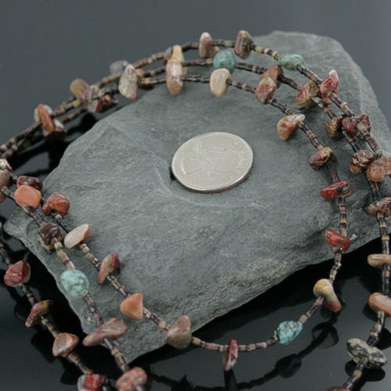 Certified Authentic 3 Strand Navajo .925 Sterling Silver Turquoise and Jasper Native American Necklace 15585-18