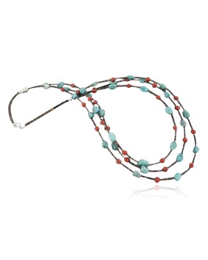 Certified Authentic 3 Strand Navajo .925 Sterling Silver Turquoise and Jasper Native American Necklace 15585-4