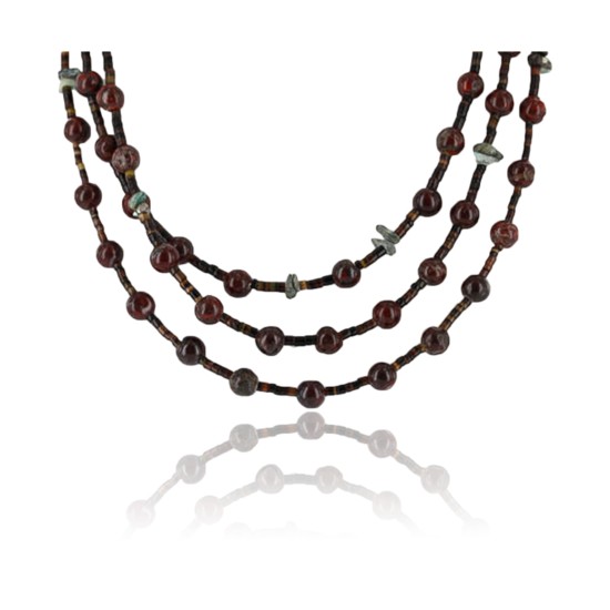 Certified Authentic 3 Strand Navajo .925 Sterling Silver Turquoise and Jasper Native American Necklace 15835-12