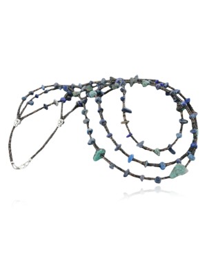 Certified Authentic 3 Strand Navajo .925 Sterling Silver Turquoise and Lapis 1064 Native American Necklace 750106-4