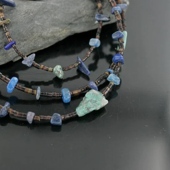 3 Strand Navajo .925 Sterling Silver Turquoise and Lapis 1064 Native American Necklace 750106-4 3 Strand Navajo .925 Sterling Silver Turquoise and Lapis 1064 Native American Necklace 750106-4