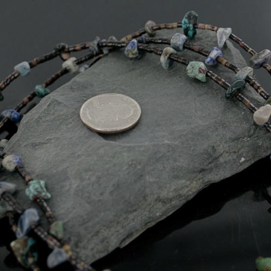 Certified Authentic 3 Strand Navajo .925 Sterling Silver Turquoise and Lapis Native American Necklace 15297-10