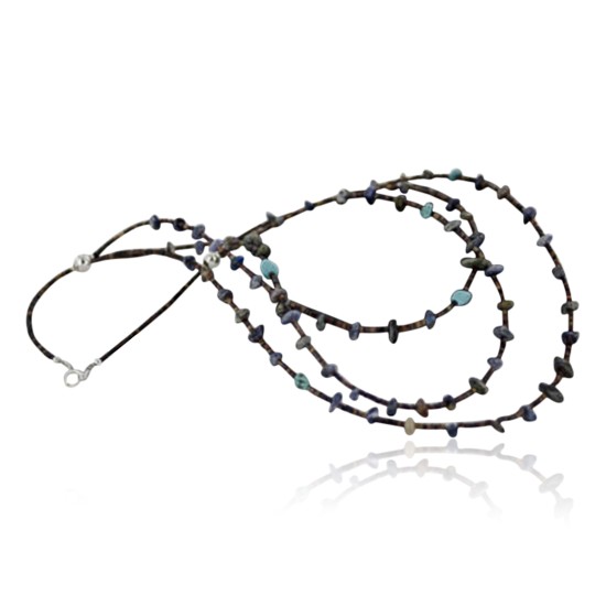 Certified Authentic 3 Strand Navajo .925 Sterling Silver Turquoise and Lapis Native American Necklace 1530-36