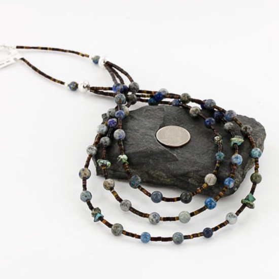 Certified Authentic 3 Strand Navajo .925 Sterling Silver Turquoise and Lapis Native American Necklace 370986805118
