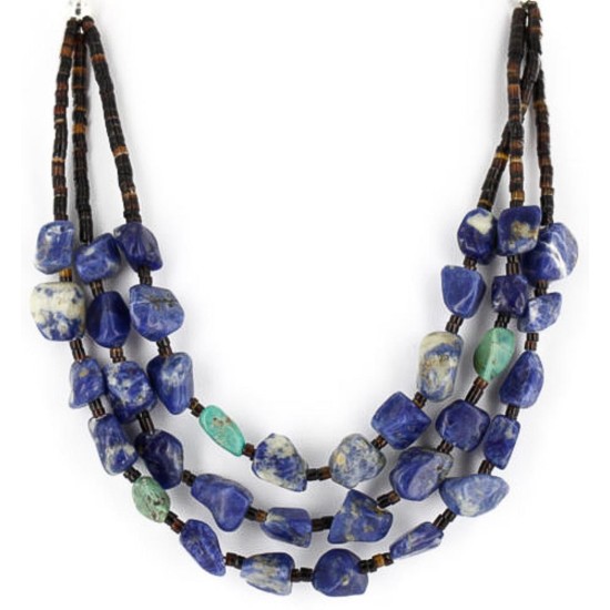 Certified Authentic 3 Strand Navajo .925 Sterling Silver Turquoise and Lapis Native American Necklace 371052432380