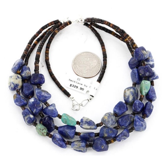 Certified Authentic 3 Strand Navajo .925 Sterling Silver Turquoise and Lapis Native American Necklace 371052432380